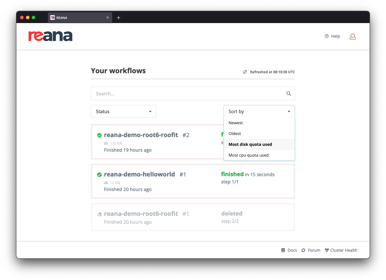 Sort workflows by "Most disk quota used"